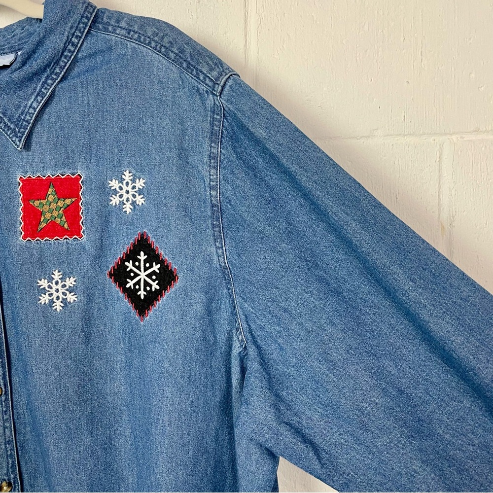 Holiday Editions Winter Denim Shirt Snowmen Snowflakes Grannycore Oversized 2X - Picture 5 of 12